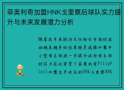 菲奥利奇加盟HNK戈里察后球队实力提升与未来发展潜力分析