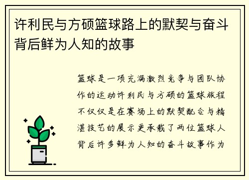 许利民与方硕篮球路上的默契与奋斗背后鲜为人知的故事