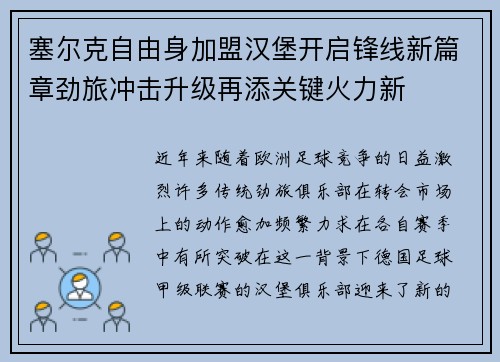 塞尔克自由身加盟汉堡开启锋线新篇章劲旅冲击升级再添关键火力新